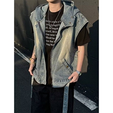 美式复古水洗做旧连帽马甲潮宽松休闲时尚夹克外套，男装夹克，星座410-7