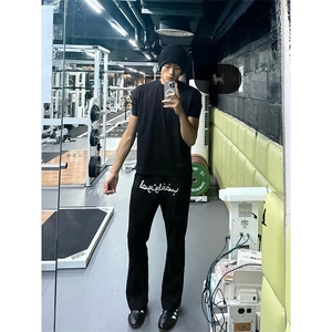 美式高街潮牌男女运动休闲裤直筒宽松慵懒显瘦印花休闲卫裤子图片