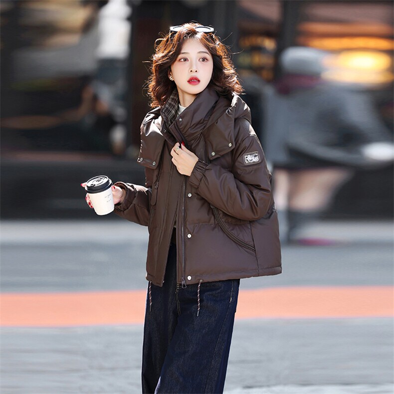 时尚格纹拼接连帽短款羽绒服女2025冬季加厚保暖小个子白鸭绒外套,女装羽绒服,歌伊格美