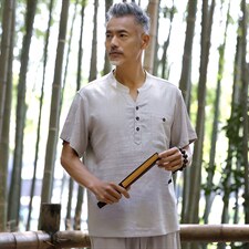 ACB529男士夏季新款休闲短袖衬衣修身风棉麻唐装衬衫P60图片