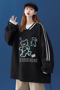 2024春装新款 流行小熊印花宽松拼接抽绳宽松V领卫衣 B03 P55控68图片