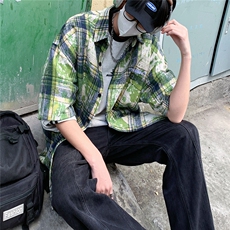 2026夏美式扎染刺绣格子短袖衬衫衬衣五分袖CS1805/特P35绿色9，男装衬衫，电商A094