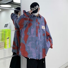 秋季新款拼色格子长袖衬衫男港风格子宽松衬衣外套C32-p48，男装衬衫，星座1109-3
