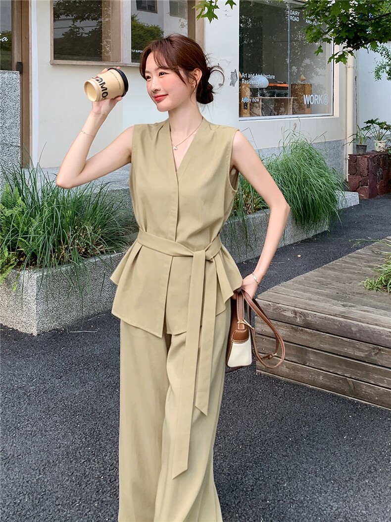新款现货主推夏季无袖气质套装女老钱风阔腿裤清冷感韩系两件套,女装套装/套裙,网红馆