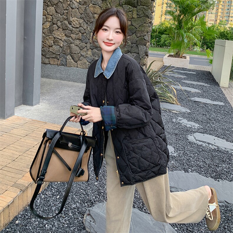 黑色菱格羽绒棉服女2024冬宽松韩版洋气超好看拼接翻领牛仔小棉袄,女装棉衣/棉服,C位