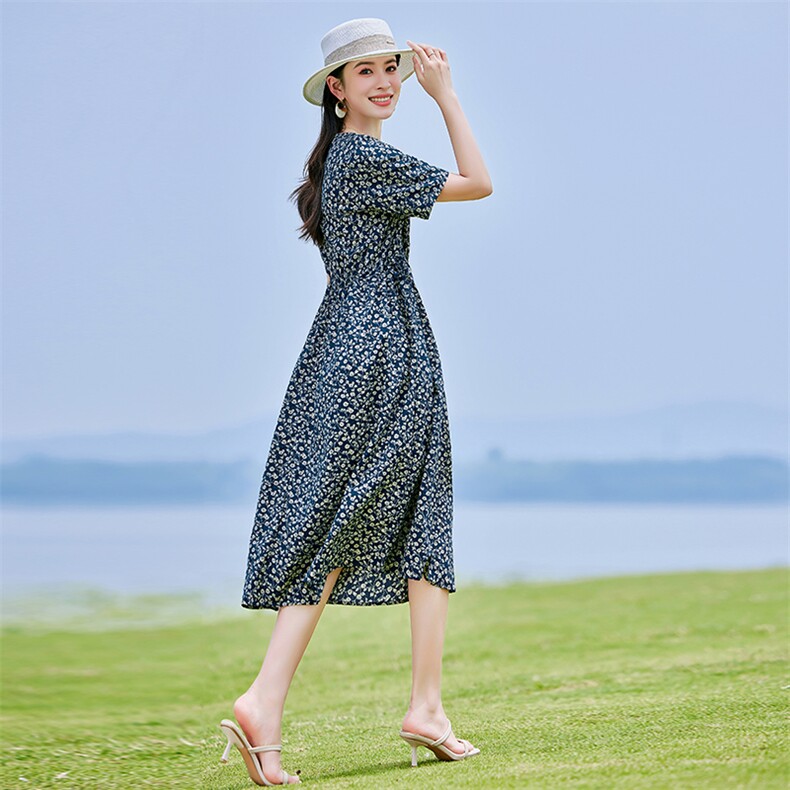 复古宽松休闲棉麻风印花连衣裙女2025夏季新款短袖遮肚显瘦长裙子,女装连衣裙,铭街依杨