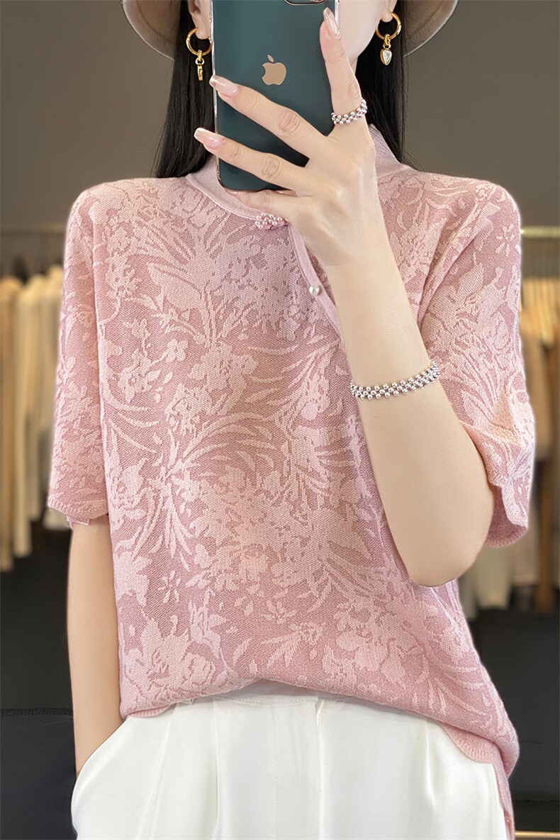 2025年夏季不连帽女士旗袍领时尚通勤百搭短袖,女装T恤,森墨