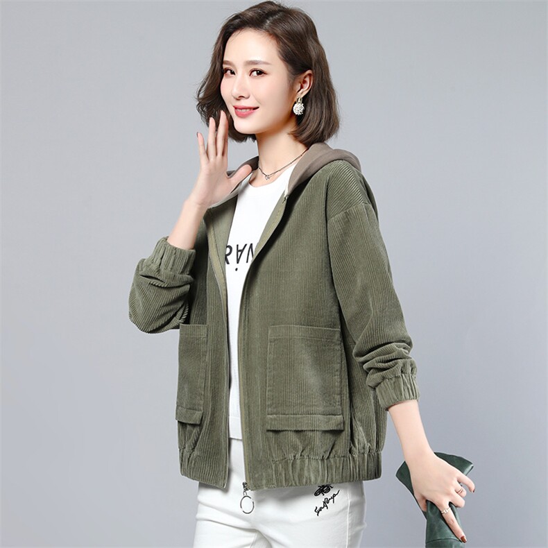 灯芯绒短款百搭连帽宽松外套女2025春秋新款韩版大码女装夹克上衣,女装短外套,丽影随形