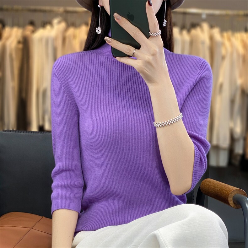 高领毛衣女中领修身显瘦纯色打底衫羊毛针织衫2024年秋季,女装羊毛衫,鹿一羊绒