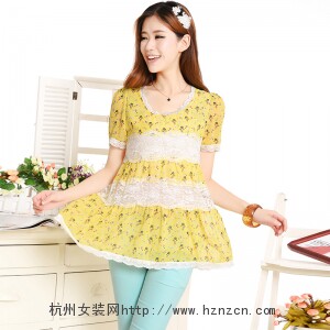 甜美蕾丝拼接雪纺衫女短袖宽松显瘦上衣黄色碎花夏季新款女装,女装蕾丝衫/雪纺衫,雪樱依海
