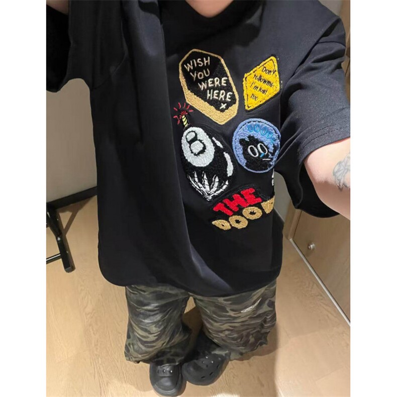 美式高街刺绣短袖T恤女2025夏季宽松情侣设计感半袖上衣ST560-P39,男装T恤,星座412-1
