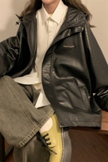 中性连帽鳄鱼纹PU皮衣大码M-5XL情侣休闲冲锋衣夹克男JK8744P90控，男装皮衣，星座227-7