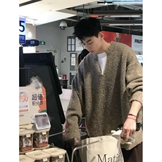 濮院针织燕麦毛衣V领亨利领毛衣宽松慵懒男美式针织衫LF92P75，男装针织衫/毛衣，电商D256
