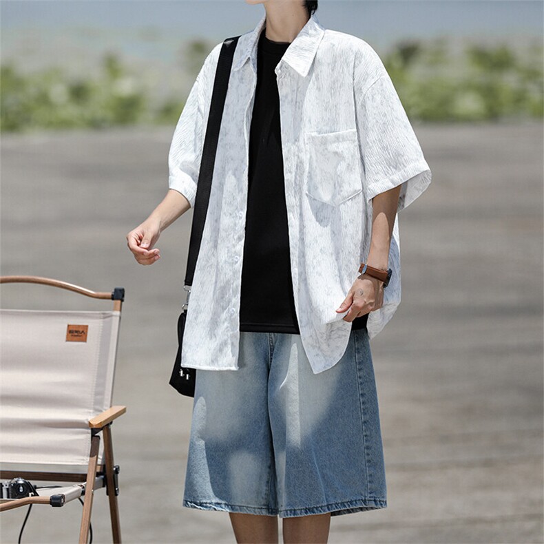 8XL-M肌理褶皱冰丝短袖衬衫男夏薄款半袖防晒衬衣外套DC28010P45,男装衬衫,电商B312