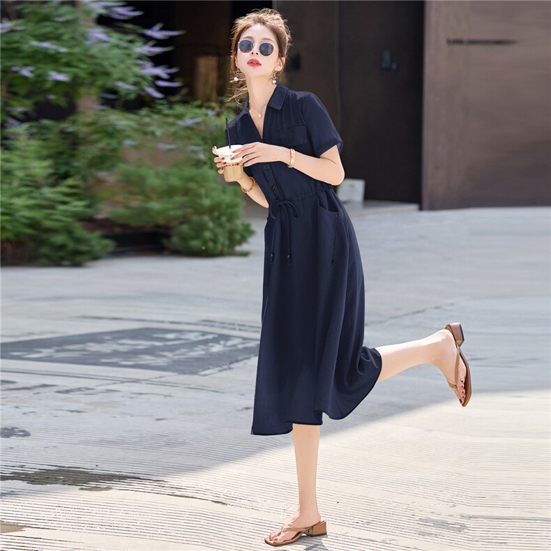休闲时尚减龄连衣裙女中长款2025夏新款系带收腰显瘦polo领衬衫裙,女装连衣裙,意芙