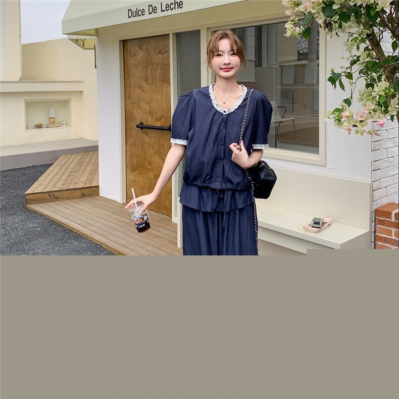 藏青色蕾丝拼接阔腿裤套装女夏2025新款两件套俏皮活泼韩版高级感,女装套装/套裙,2C159