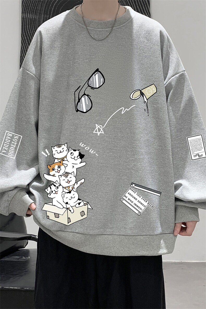 华夫格卫衣圆领卫衣男大码长袖t恤男外套HW76115-P30加绒款-P40,男装卫衣,电商A040