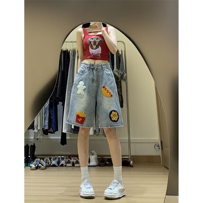 美式复古汉堡薯条毛巾绣牛仔短裤男女夏季潮牌宽松高街阔腿五分裤,男装牛仔裤,星座1210-1
