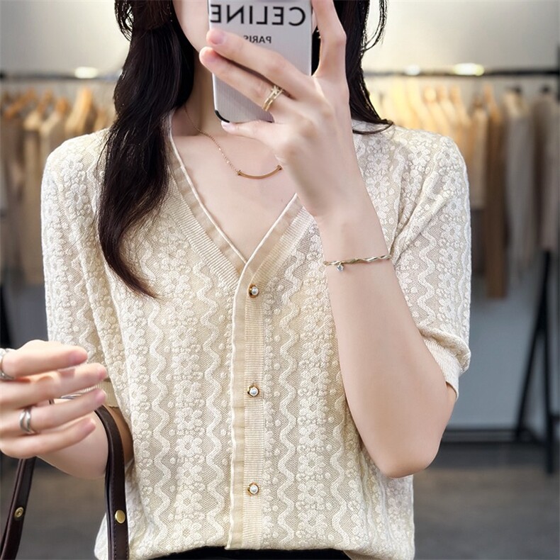 2025年夏季不连帽通勤时尚百搭女士V领开衫短袖，女装T恤，森墨