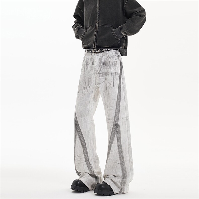 春秋美式高街hiphop小从涂鸦脏脏毛边喇叭牛仔裤货号K2409P65，男装牛仔裤，电商A063