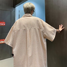 潮日系夏季大口袋泡泡纱短袖衬衫男宽松休闲潮牌半袖格子衬衣，男装T恤，星座1013