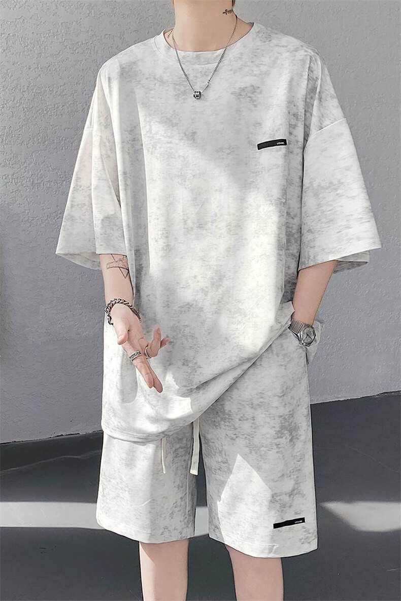 特批P55无差价2025夏季扎染港风高级感短袖T恤短裤两件套男TZ5358,男装牛仔裤,电商A001-1
