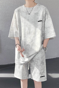 特批P55无差价2025夏季扎染港风高级感短袖T恤短裤两件套男TZ5358图片