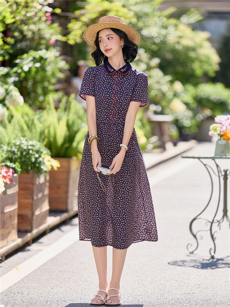 田园风碎花刺绣连衣裙女春夏收腰显瘦中长裙（细节图颜色为准）,女装连衣裙,水衣源