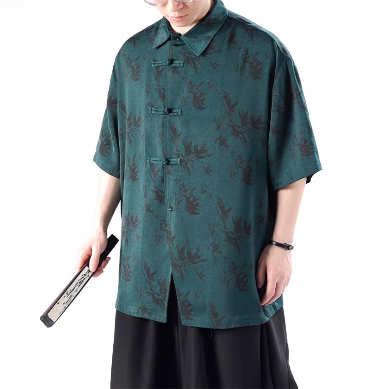 2026夏季男士新中式新翻领斜门襟盘扣开叉中袖衬衫T312-P65-控78图片