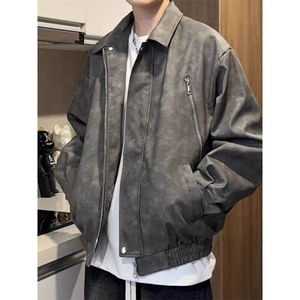 有货美式复古春秋皮衣潮牌夹克宽松休闲男外套痞帅机车服上衣图片