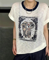 2025年秋季不连帽圆领撞色民族风象图案短袖时尚百搭，女装T恤，圣旺供货