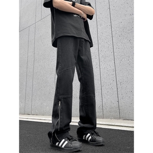 美式复古拉链牛仔裤男夏季新款直筒微喇裤高街vibe潮牌55222-p50图片