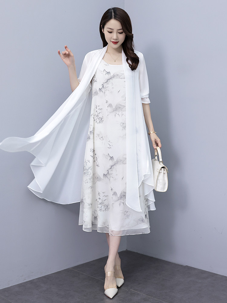 百搭复古雪纺宽松纯白色披肩开衫水墨中国风夏季时尚汉服,女装连衣裙,秀美人生