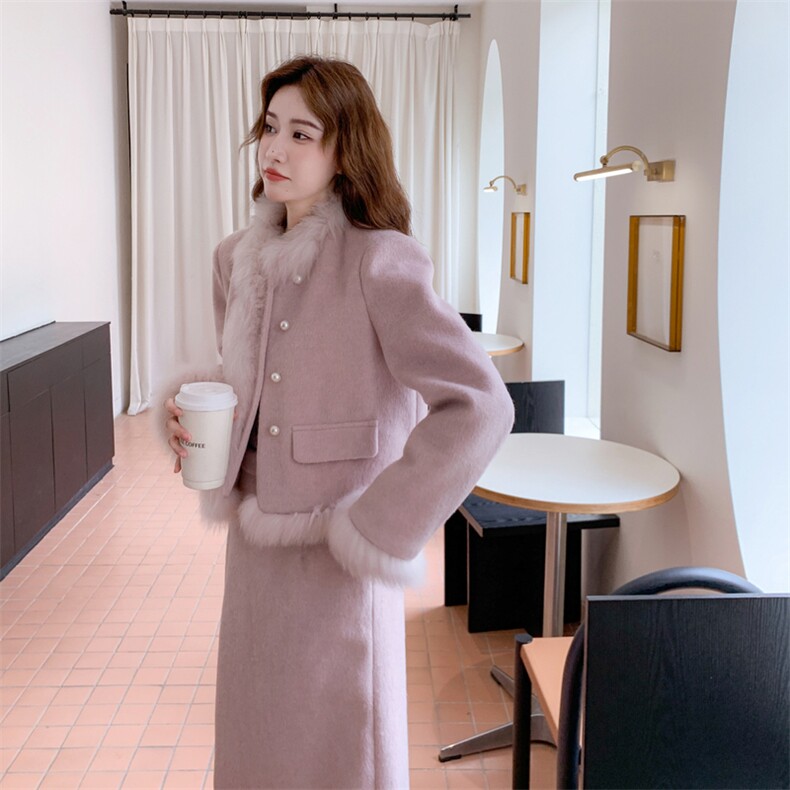粉色毛呢羽绒服套装女冬季毛毛拼接显瘦日系加厚减龄半身裙两件套,女装套装/套裙,2C151
