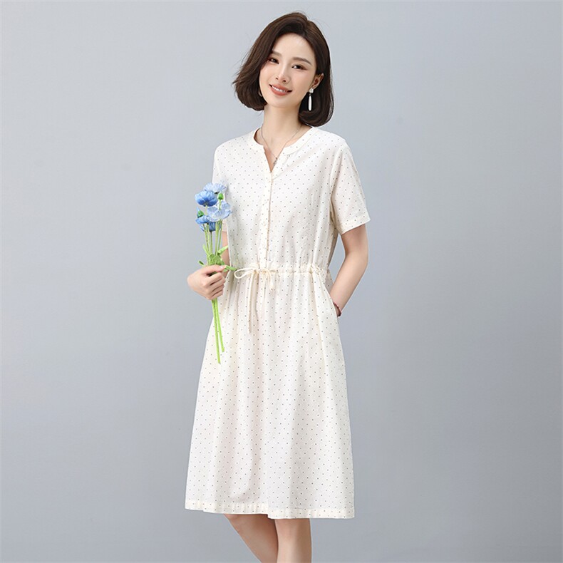 棉麻连衣裙女2025年夏季新款妈妈洋气减龄波点亚麻休闲中长款裙子,女装连衣裙,韩派
