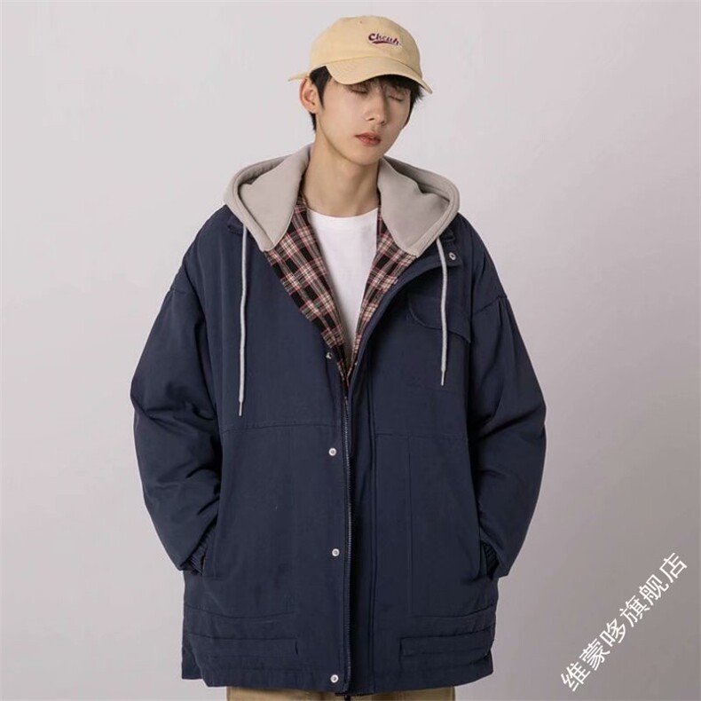 假两件棉衣男冬宽松格子百搭连帽棉服港风帅气棉袄外套MA569P75,男装棉衣,星座1013-5