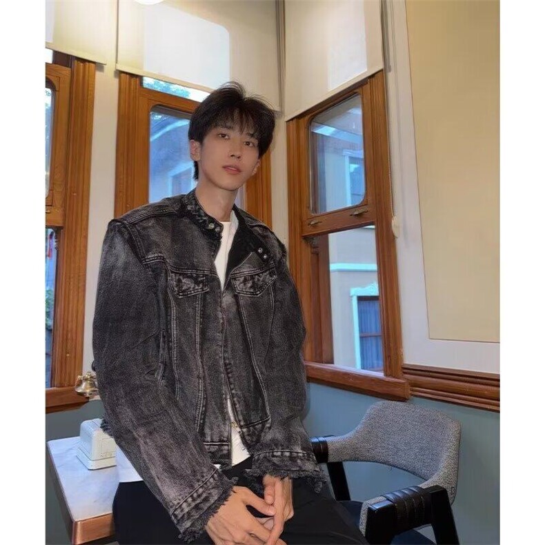 【有货】D2207-P80春秋季牛仔流苏毛边垫肩外套男水洗做旧夹克潮,男装夹克,星座603-2