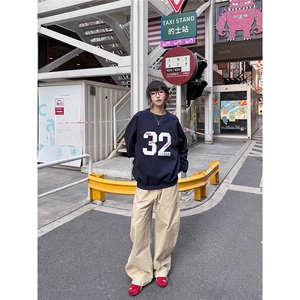 春季美式复古贴布绣圆领卫衣宽松休闲百搭情侣上衣WY503图片