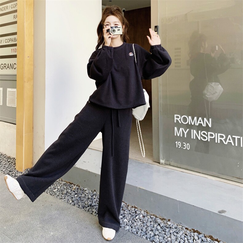黑色休闲运动卫衣套装女2025秋季新款韩版慵懒风宽松阔腿裤两件套,女装套装/套裙,2C158