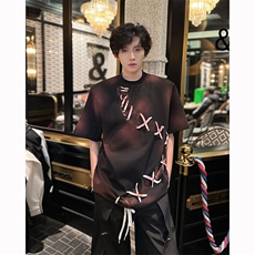 现货！25春季男设计感手工喷绘绑带设计垫肩短袖T恤DX178-P78，男装T恤，电商B288