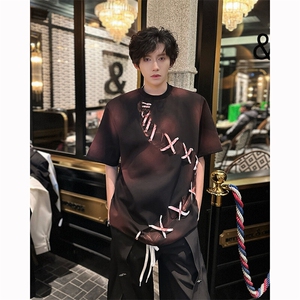 现货！25春季男设计感手工喷绘绑带设计垫肩短袖T恤DX178-P78图片