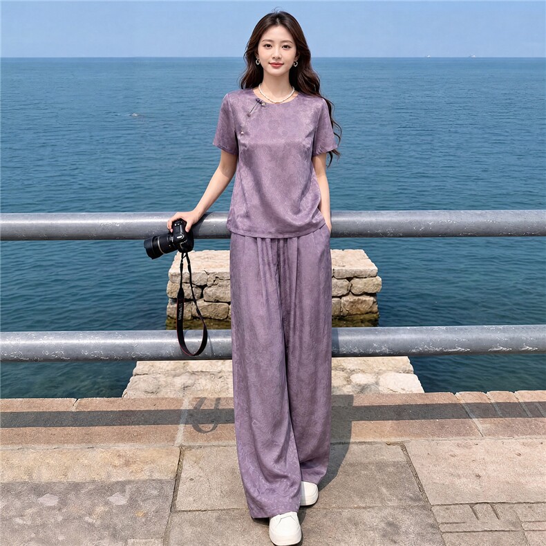 新中式气质减龄套装女夏款气质显瘦刺绣印花上衣阔腿长裤两件套,女装套装/套裙,江南