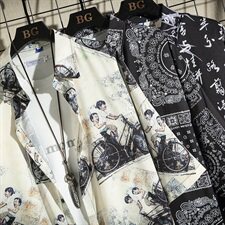 CS07--P45夏季大码休闲男士冰丝衬衫男宽松个性印花外套男，男装衬衫，电商B369（原A024）