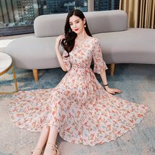 2021年夏季通勤大摆裙中长款中长款雪纺V领连衣裙，女装连衣裙，韩美纤衣