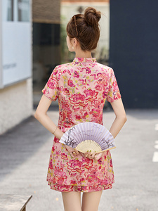 新中式国风套装女2025夏新款印花改良旗袍上衣短裤气质减龄两件套图片