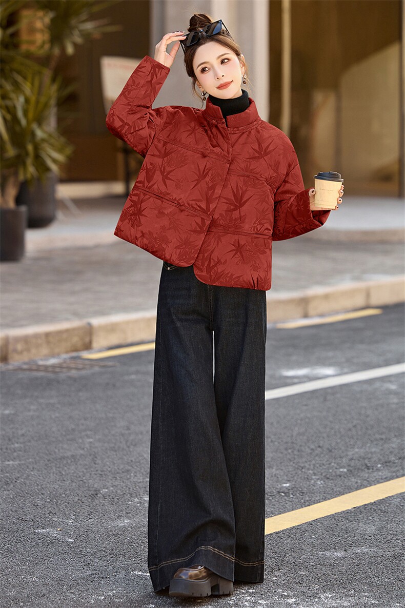 新中式国风提花短款羽绒服女2025冬季新款独特气质盘扣白鸭绒外套,女装羽绒服,橙子家