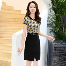 条纹韩版修身显瘦2021年夏季短袖中长款H型圆领甜美个性，女装连衣裙，阿菲诺依