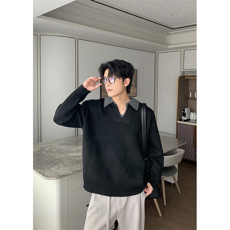 重磅北极绒假两件衬衫领毛衣美式高街复古休闲慵懒纯色翻领针织衫,男装针织衫/毛衣,电商A486