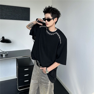短袖t恤男夏季美式高街潮牌设计感小众垫肩重磅痞帅宽松半袖体恤图片
