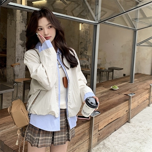 假两件条纹翻领拼接白色外套女春季2025新款韩版百搭工装夹克上衣图片
